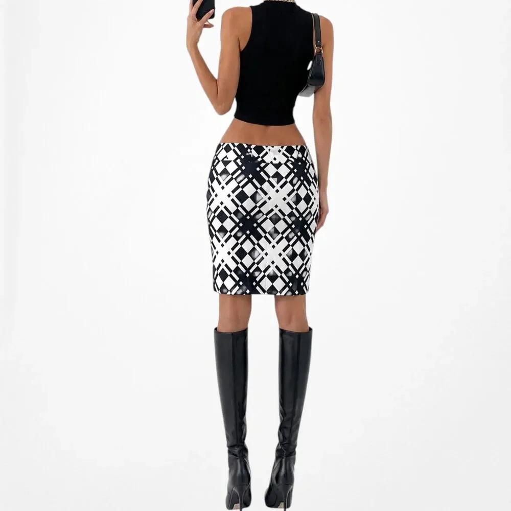 Vintage Y2K White Blue Zipper Detail Knee Length Bodycon Pencil Skirt Size S/M